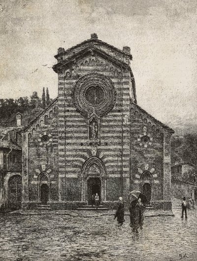 Fassade der Kathedrale von Bellano, Comer See, Italien, Gravur nach einer Zeichnung von Quinto Michetti, aus L