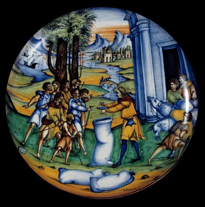 Fayencetasse, die Joseph in Benjamins Tasche darstellt, die Tasse, die er darauf gelegt hatte. Hergestellt von der Manufacture Case Pirota von Italian School