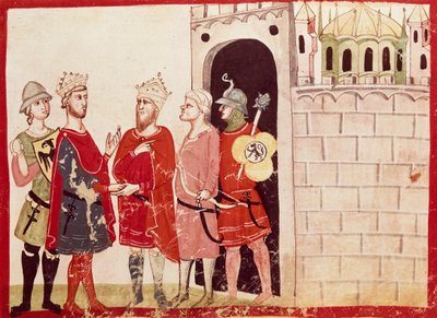 Federico II. erreicht eine Einigung mit dem Sultan von Jerusalem, Miniatur aus den Chroniken von Giovanni Villani, Manuskript, Italien, 14. Jahrhundert von Italian School