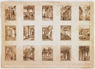 Fünfzehn Miniatur-Architektur- und italienische Ansichten von Italian School