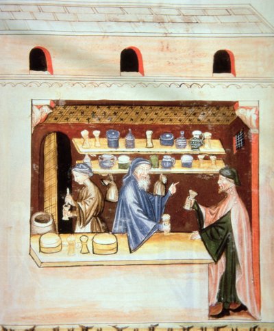 Zubereitung und Verkauf von Thymian, Illustration aus Tacuinum Sanitatis Codex Vindobonensis von Italian School