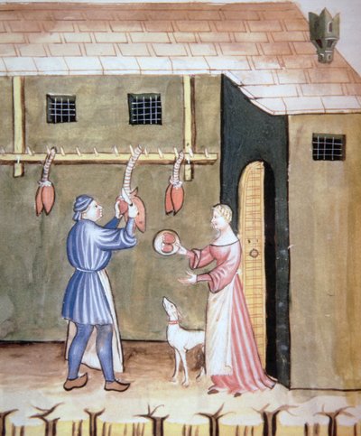 Fol.78v Die Metzger: Verkauf von Tierherzen, aus Tacuinum Sanitatis Codex Vindobonensis von Italian School