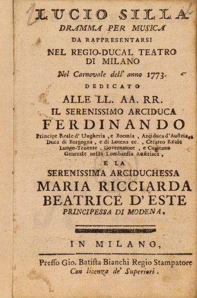 Frontispiz aus Mozarts Lucio Silla, aufgeführt in Mailand 1773 von Italian School