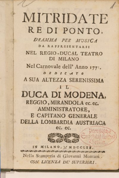 Frontispiz aus einer frühen Kopie von Mitridate, re di Ponte, einer Oper von Wolfgang Amadeus Mozart, 1770 von Italian School