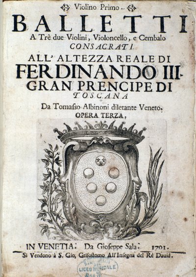 Frontispiz der Partitur von Balletti a tre, Opera III von Tomaso Albinoni (1671-1750) von Italian School