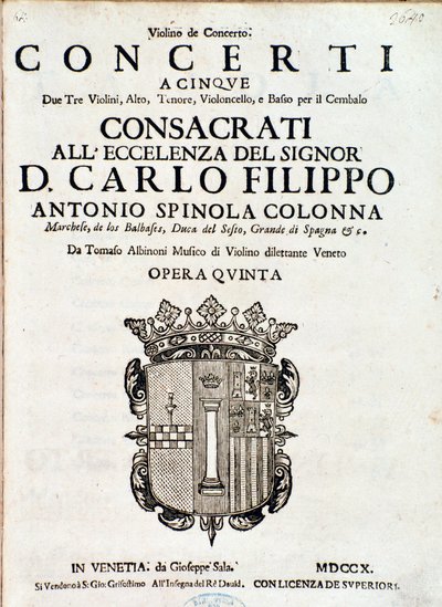 Frontispiz der Partitur von „Concerti a cinque, opera 5“ von Tomaso Albinoni von Italian School