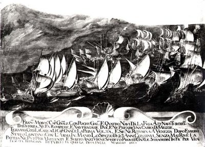 General Francisco Morosini (1618-94) und die venezianische Flotte in einer Begegnung mit der türkischen Flotte vor der Küste Kretas, Mai 1661 von Italian School
