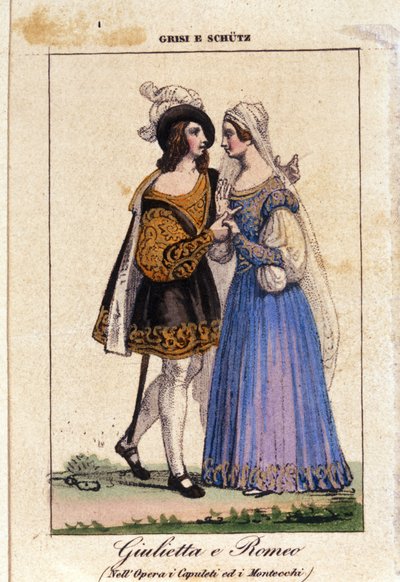 Giulia Grisi und Schutz interpretieren Romeo und Julia in „I Capuleti e i Montecchi“ (Die Capulets und die Montagues) von Vincenzo Bellini von Italian School