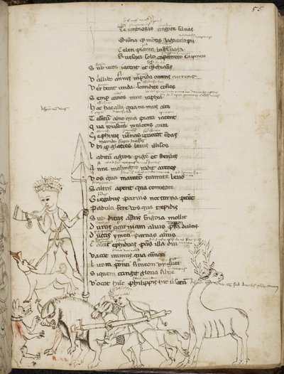 Harley 2453, f.55 Eine Jagdszene mit einem Wildschwein, einem Hirsch, Jägern, Hunden und einem Hasen, aus 