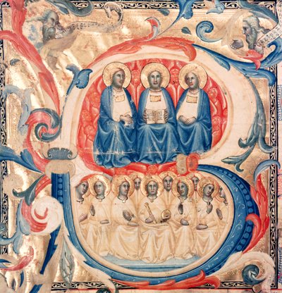Historiierte Initiale B, die die Dreifaltigkeit und Christus umgeben von Engeln zeigt, Bologneser Schule, ca. 1340-50 von Italian School