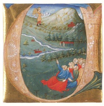 Illustrierte Initiale, die Elisa im Mantel von Elija zeigt, Ausschnitt aus einem Antiphonar, ca. 1440 von Italian School