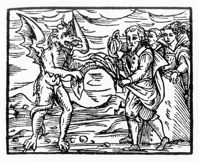 Huldigung an den Teufel, Kopie einer Illustration aus Compendium Maleticarum von Fr M Guaccius, Mailand 1608, verwendet in Geschichte der Magie, veröffentlicht Ende des 19. Jahrhunderts von Italian School