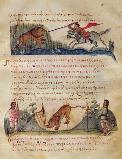 Jagd mit Speeren und Fallen, Illustration aus der Cynegetica von Oppian von Italian School