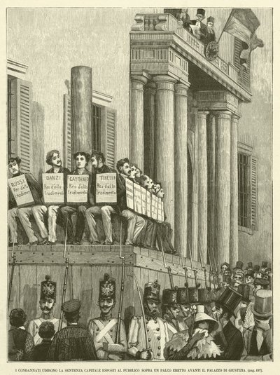 Die Verurteilten hörten das Todesurteil, ausgestellt vor dem Publikum auf einer Bühne vor dem Justizpalast (Gravur) von Italian School