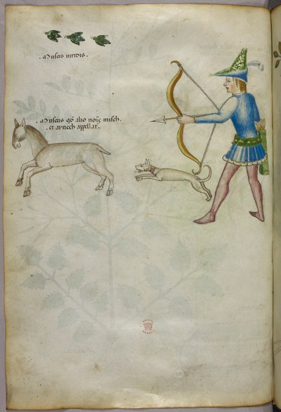 Illustration eines Mannes mit einem Bogen, der auf ein Tier schießt, mit einem Hund und Vögeln darüber, um 1440 von Italian School