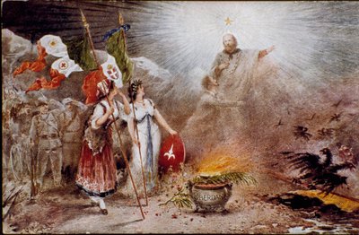 Italienische Einheit: Propagandapostkarte mit der Verherrlichung von Giuseppe Garibaldi, dargestellt als Heiliger in Anwesenheit von Guglielmo Oberdan, Nationalist und Irredentist, dem Alpini und dem österreichischen Adler. Private Sammlung von Italian School