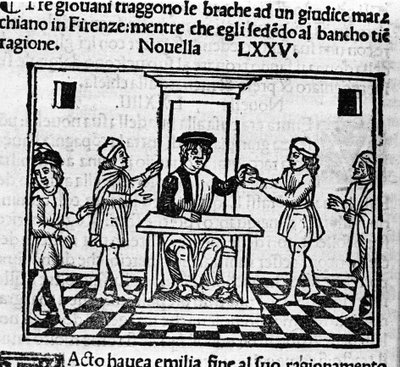 Urteilszene in Florenz. Illustration zur Novelle 75 (Neue 5 des achten Tages) des „Decameron“ von Giovanni Boccaccio (1313-1375), italienischer Schriftsteller. Gravur in „Decamerone ouer Cento nouelle“ Venedig, Bartolomeo de 