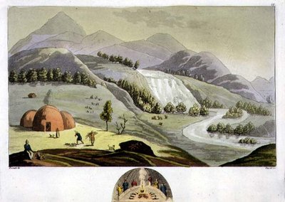 Lappländische Landschaft mit einer Fischerbehausung und einem Querschnitt dieser Hütte, Tafel 49 aus 