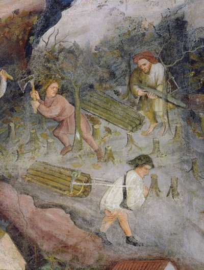 Holzfäller bei der Arbeit. Bäume fällen im Wald von Italian School