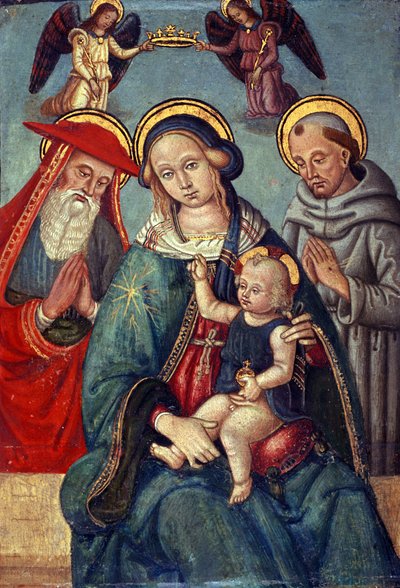 Madonna mit Kind, gekrönt von zwei Engeln, mit St. Hieronymus und St. Franziskus von Italian School
