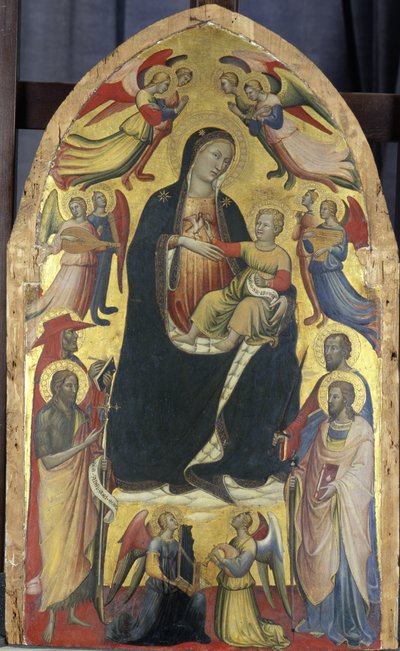 Madonna und Kind auf einem Thron aus Wolken mit Heiligen und Engeln von Italian School