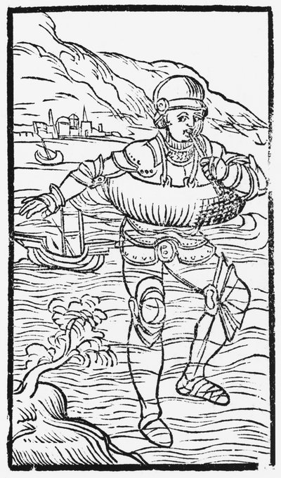 Mann mit Rettungsring, Illustration aus Historia de Gentibus Septentrionalibus von Olaus Magnus (1490-1558), veröffentlicht in Rom, 1555 von Italian School