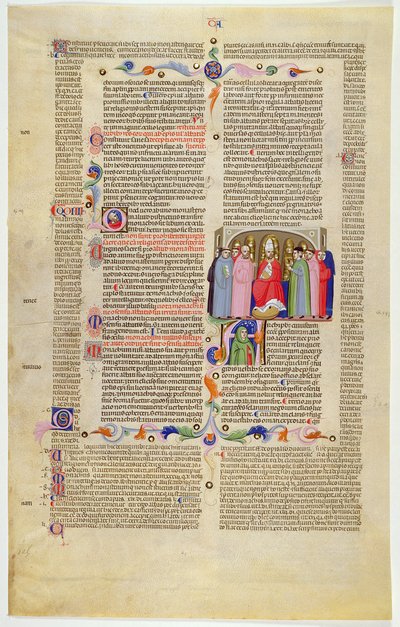 Marlay Cutting IT.10: Blatt mit Miniatur aus Gratians Decretum, das den Erzbischof zwischen Klerikern und Laien thronend zeigt von Italian School