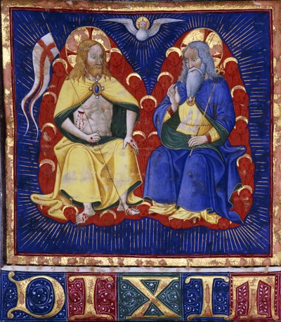 Meister der Vitae Imperatorum: Die Dreifaltigkeit, Miniatur aus einem illuminierten Chorbuch auf Pergament, um 1440 von Italian School