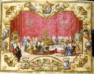 Mahlzeit zu Ehren des Gonfaloniers Zambeccari für das Engagement der Justiz. 1720. Bologna, Staatsarchiv. von Italian School