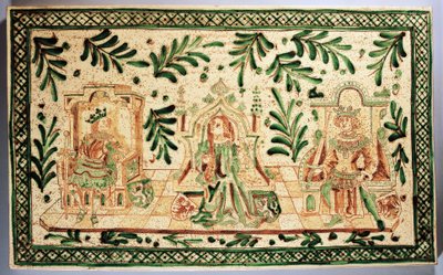 Mittelalterliche dekorative Tafel, die Konstanze von Hauteville, Roger von Sizilien und Friedrich II. von Hohenstaufen darstellt, Alessi-Herstellung, Caltagirone, Sizilien, Italien von Italian School