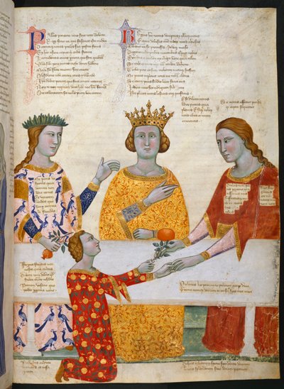 Miniatur des Urteils des Paris, mit Pallas Athene, Juno und Venus, die an einem Tisch sitzen, und Paris, der Venus einen Olivenzweig gibt, Illustration aus 