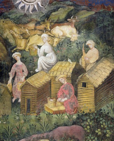 Bergweiden. Kühe melken und Käseherstellung von Italian School