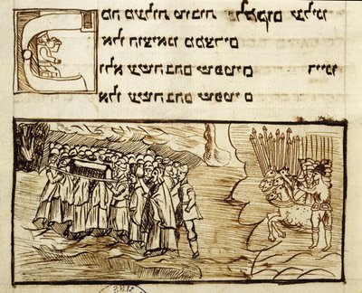 Ms.C.A.2795 Das jüdische Volk überquert das Rote Meer mit der Heiligen Lade, gefolgt von den Ägyptern, aus Die Geschichte des jüdischen Volkes von Italian School