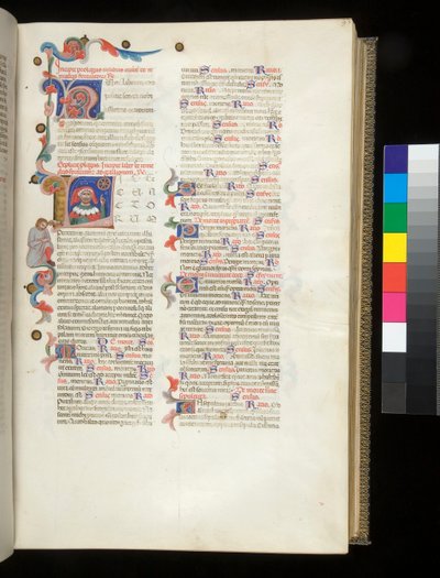 Ms 390. Seneca der Jüngere, Opera, und Seneca der Ältere, Excerpta controversiarum, f.95r. Initiale [L] mit Porträt von Seneca, der auf das Rad des Schicksals und eine niedergeschlagene männliche Figur zeigt von Italian School
