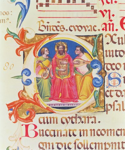 Historiierte Initiale O darstellend König David und zwei Engel, aus dem Psalter von Santa Maria Novella, illuminiert von Paolo Soldini (fl.1342-86) 1379 von Italian School