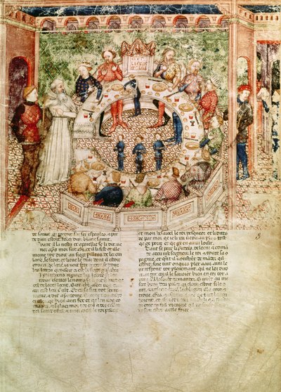 Ms Fr 343 fol.3 Sir Galahad wird an der Tafelrunde willkommen geheißen, aus der Queste del Saint Graal, um 1380-85 von Italian School