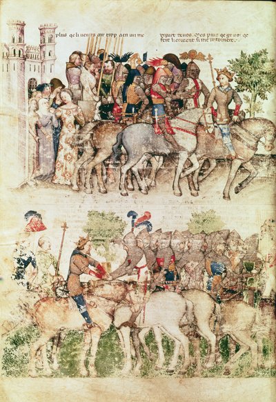 Arthur und seine Ritter brechen zur Suche nach dem Heiligen Gral auf, aus der Queste del Saint Graal, ca. 1380-85 von Italian School
