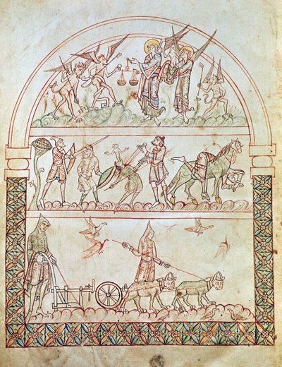 Ms. Plut. 12.17, c. 1b, Die irdische Stadt mit den Härten und Unglücken der Menschheit und das Urteil einer Seele, aus Die Stadt Gottes von St. Augustinus, 11.-12. Jahrhundert von Italian School