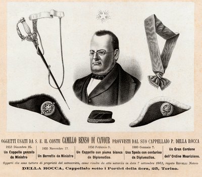 Gegenstände, die von Camillo Benso Graf von Cavour (1810-1861) verwendet wurden - Hüte und Insignien seiner politischen und diplomatischen Funktionen, mit dem großen Band des Ordens der Heiligen Mauritius und Lazarus (Ordine dei Santi Maurizio e Lazzaro) - von Italian School