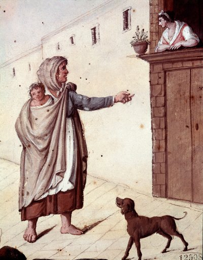 Alte neapolitanische Berufe: eine Bettlerin und ihr Kind in den Straßen von Neapel von Italian School
