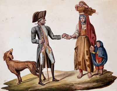 Alte neapolitanische Berufe: ein Adliger gibt einem Palmiscian eine Münze von Italian School