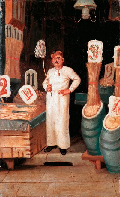 Altes Handwerk: der Laden des Pastaverkäufers. Anonyme Temperamalerei. 19. Jahrhundert. Museo Nazionale delle Paste Alimentari, Fondazione Agnesi, Rom von Italian School
