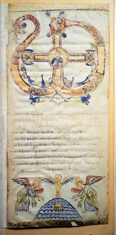 Seite eines Pontifikals mit den Gebeten und Zeremonien, die vom Bischof durchgeführt werden sollen. Manuskript aus dem 10. Jahrhundert von Italian School