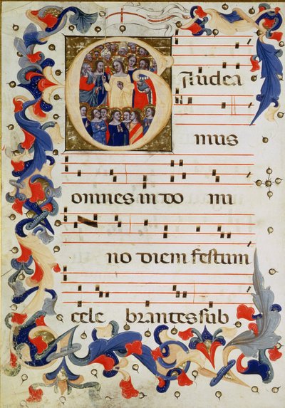 Seite mit musikalischer Notation und einer historisierten Initiale G, die eine Gruppe von Heiligen mit St. Ursula in der Mitte zeigt, Bologneser Schule von Italian School