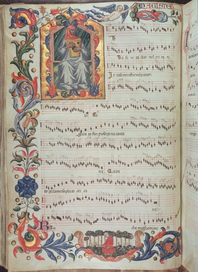 Seite mit musikalischer Notation und historisiertem Initial, aus dem Squarcialupi-Codex, produziert im Florentiner Kloster S. Maria degli Angeli von Italian School
