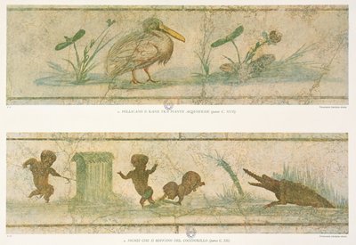 Pelikane, Wasserpflanzen und Pygmäen fliehen vor einem Krokodil, nach den originalen Fresken, aus Images du Colombaire de la Villa Pamphilj von G. Bendinelli, 1941 von Italian School