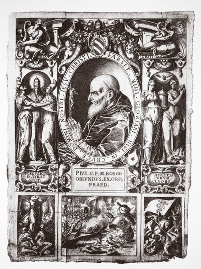 Papst Pius V., mit Vignetten der Schlacht von Lepanto, aus Vita del Gloriosissimo Papa Pio Quinto, veröffentlicht 1586 von Italian School