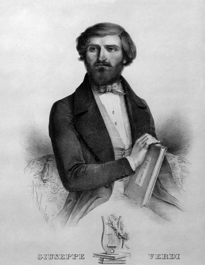 Porträt des italienischen Komponisten Giuseppe Verdi (1813-1901) im Jahr 1844 mit der Partitur der Oper „I due foscari“ von Italian School