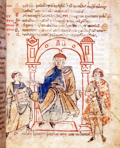 Darstellung der Gräfin Mathilde von Canossa (oder Gräfin Mathilde von Toskana) (1046-1115). „Vitas mathildis“ von Donizone. Manuskript des 13. Jahrhunderts, Lucca, Bibl. Governativa von Italian School