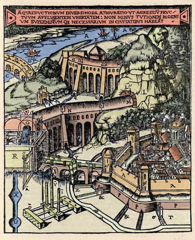 Darstellung eines Aquädukts. Farbige Gravur aus „De Architectura“ von Vitruv (1. Jahrhundert v. Chr.) - Ausgabe von Gottardo da Ponte, Como von Italian School
